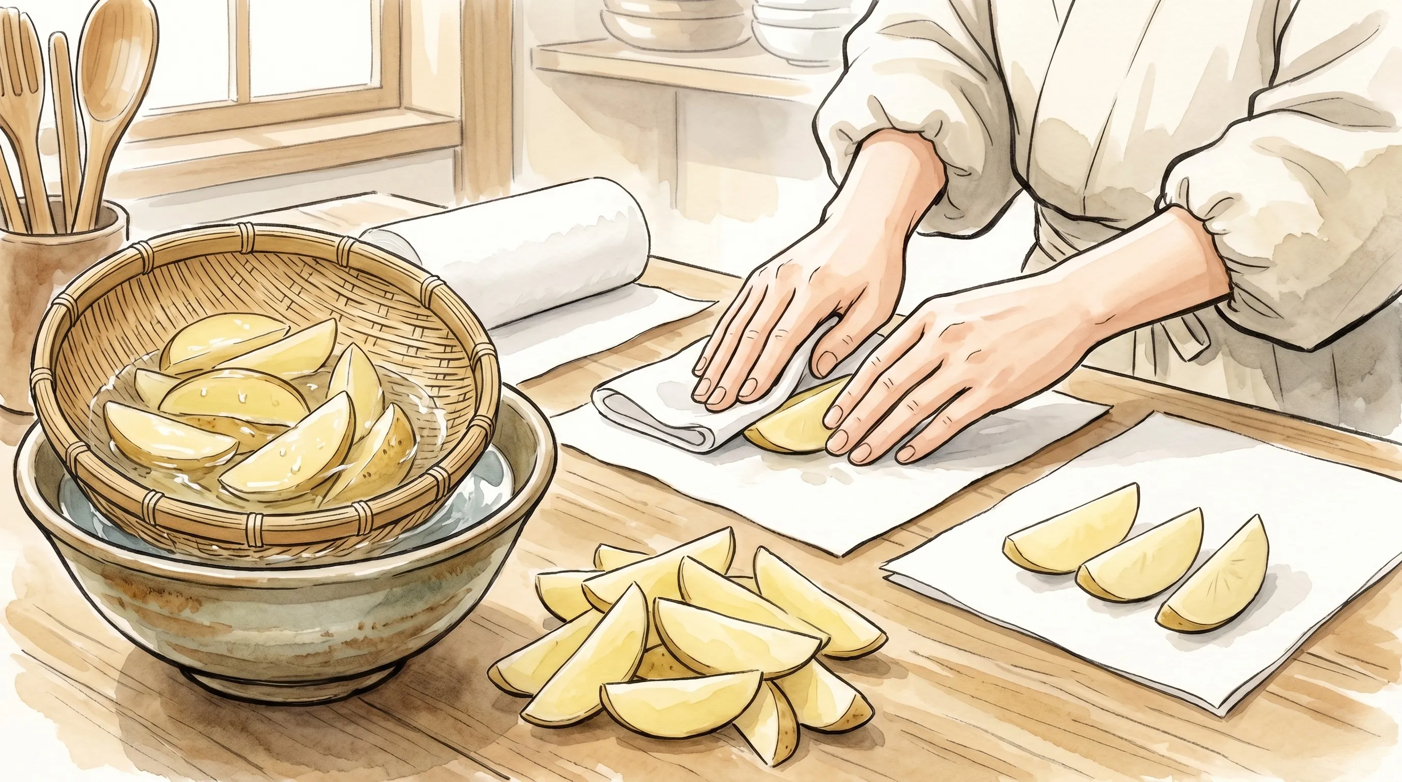 水にさらしたくし切りじゃがいもの表面をキッチンペーパーで押さえている