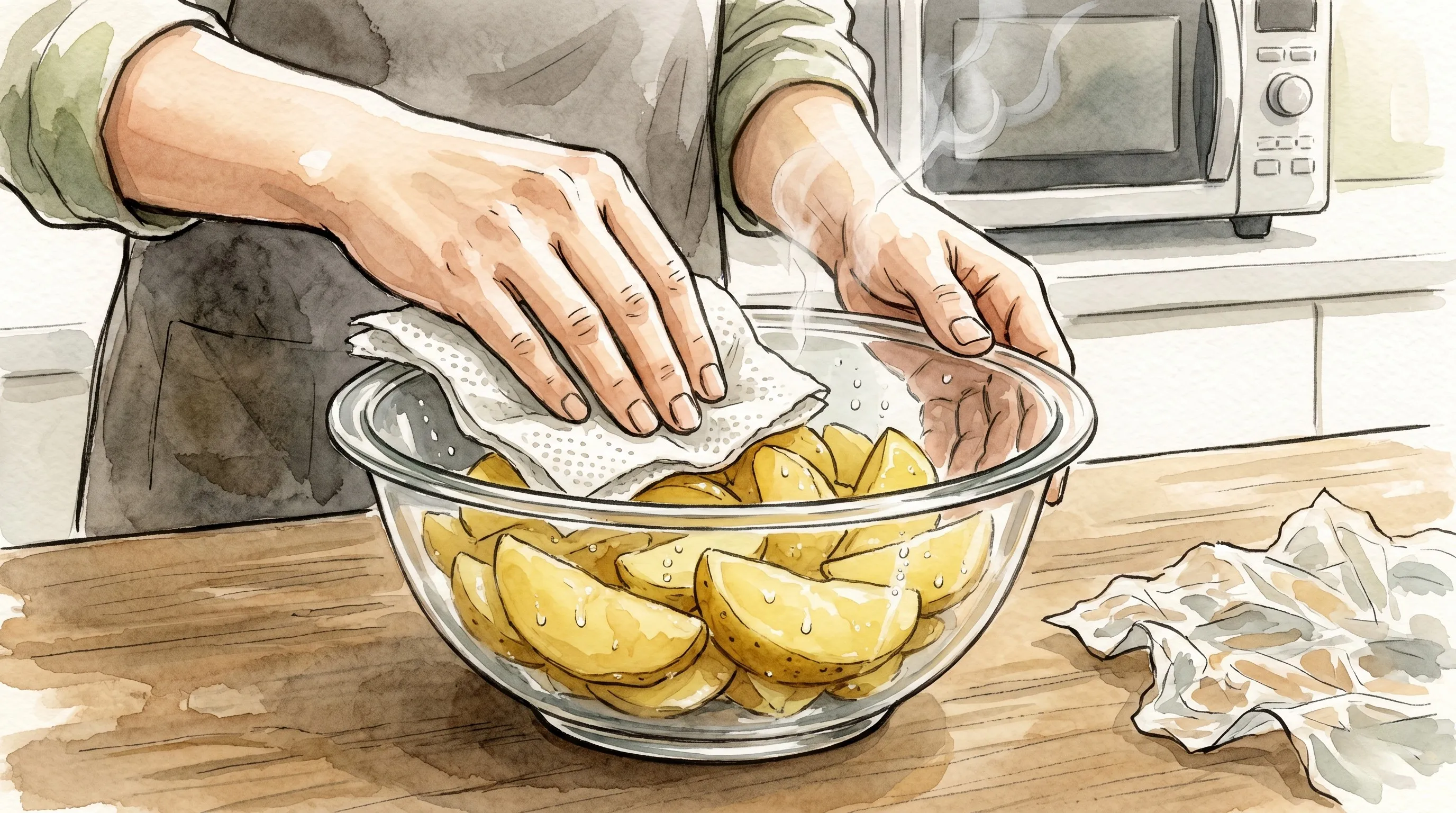 レンジ加熱後のじゃがいもから出た水滴をキッチンペーパーで拭き取っている