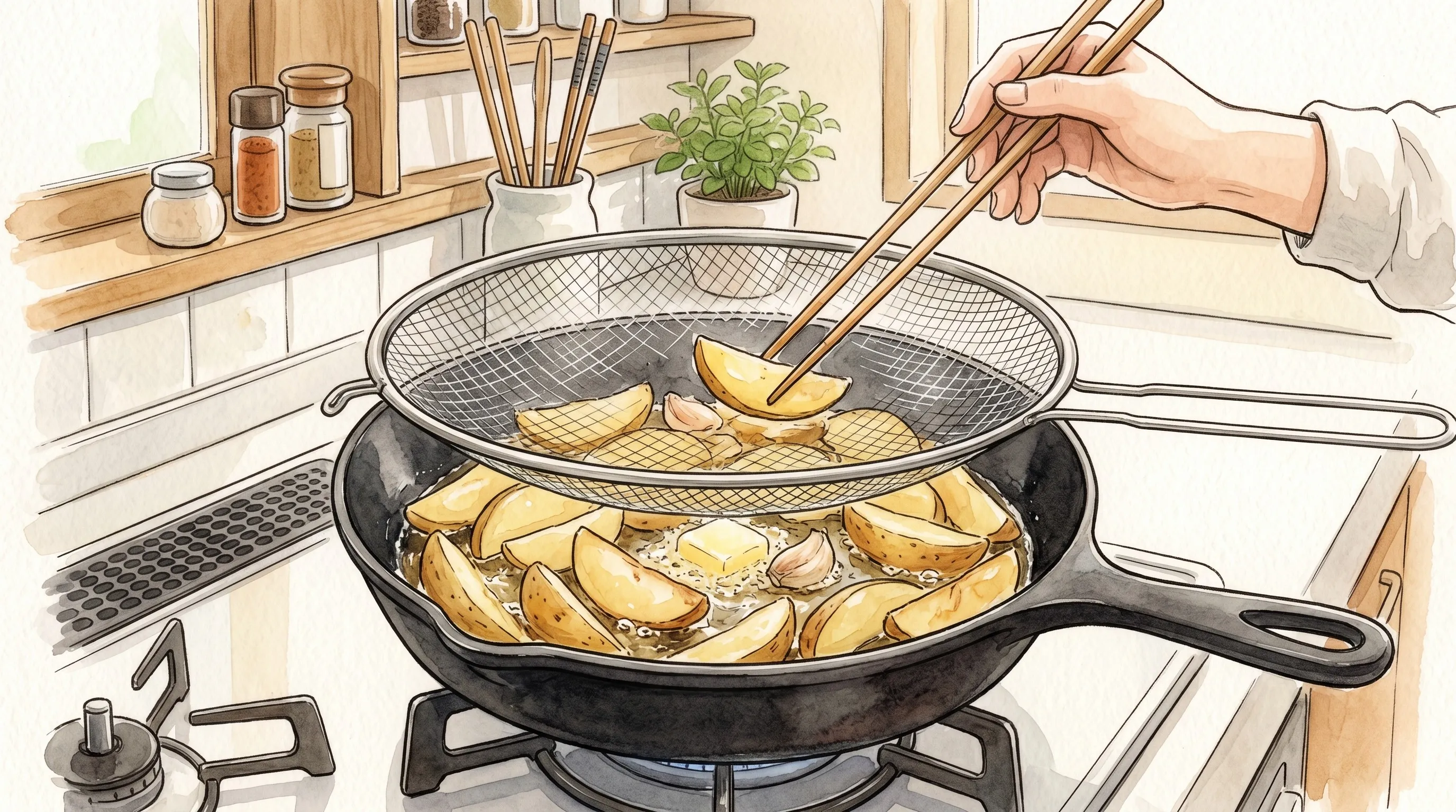 フライパンでじゃがいもを揚げ焼きしながら油はね防止ネットを使っている