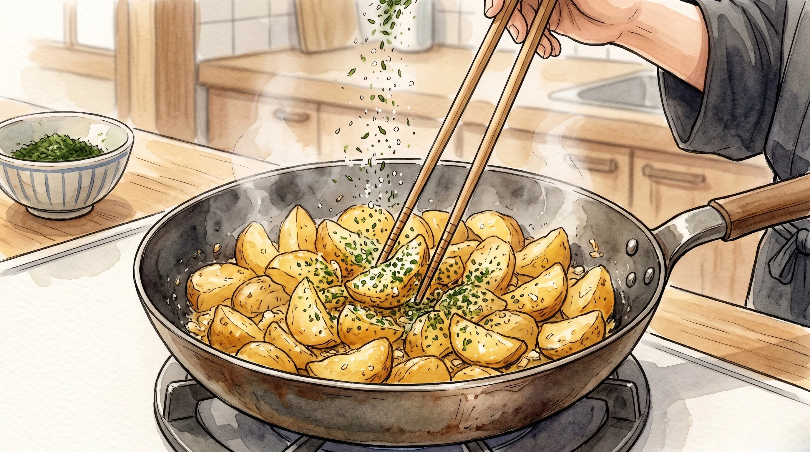 火を止めたフライパンの中で揚げ焼きポテトに青のりと塩をまぶしている