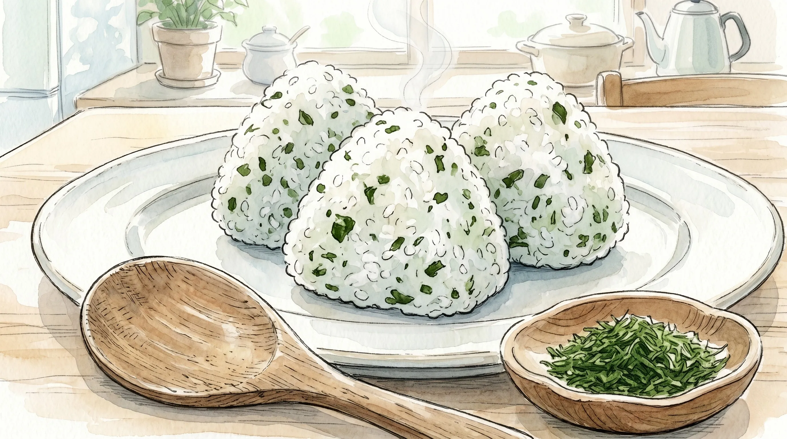 青のりを混ぜたおにぎりと小皿に入った青のりが並ぶ明るい食卓