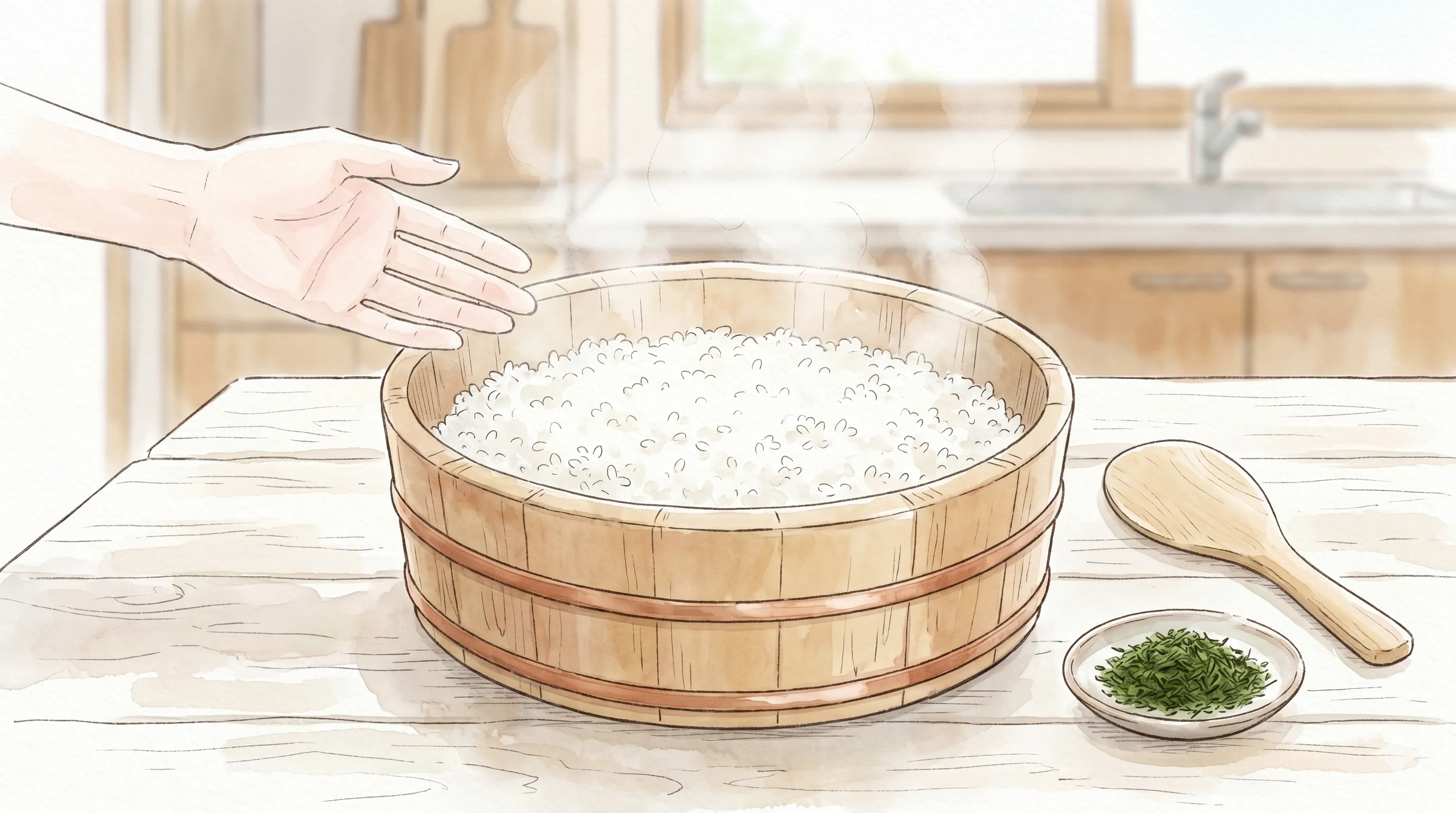 ボウルに広げた温かいご飯を青のりを混ぜる前に冷ましている場面