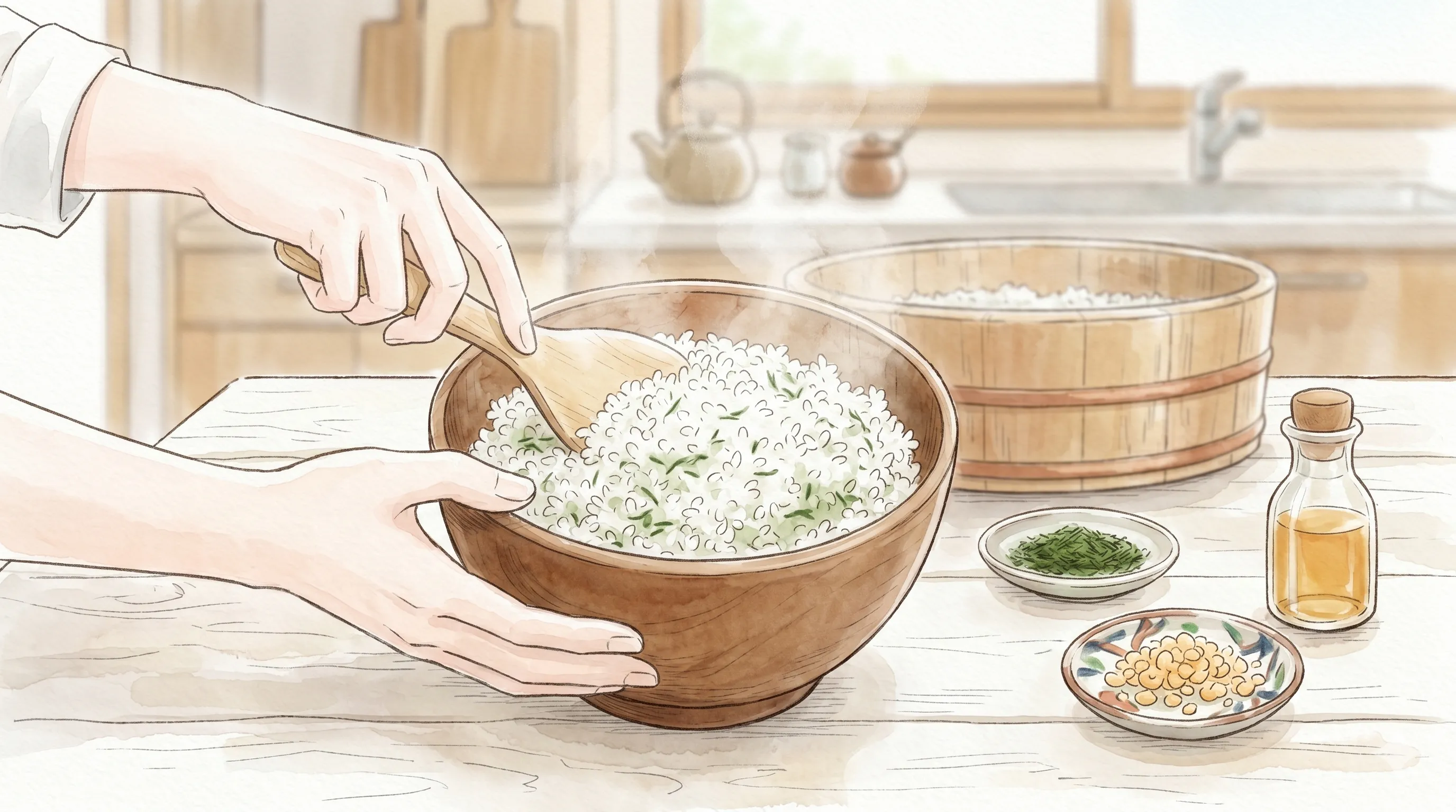 青のりをご飯全体に振りかけてしゃもじで切るように混ぜている手元