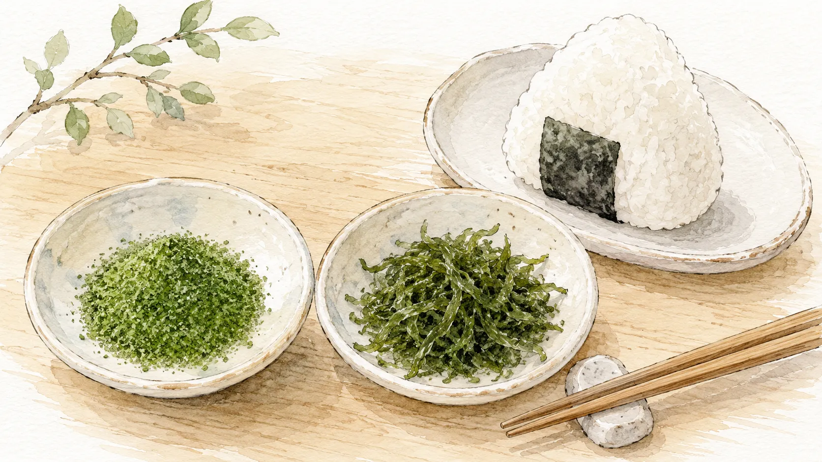 粉末状の青のりと原藻タイプの青のりを小皿に分けて見比べている場面
