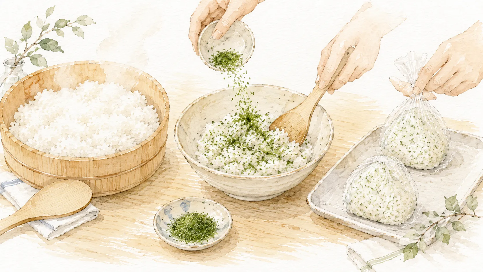 ご飯を冷ます、青のりを混ぜる、軽く握る、密閉保存する流れを文字なしで示した図解風の水彩画像