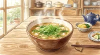 湯気の立つあおさ味噌汁のお椀から磯の香りがふわっと広がる様子