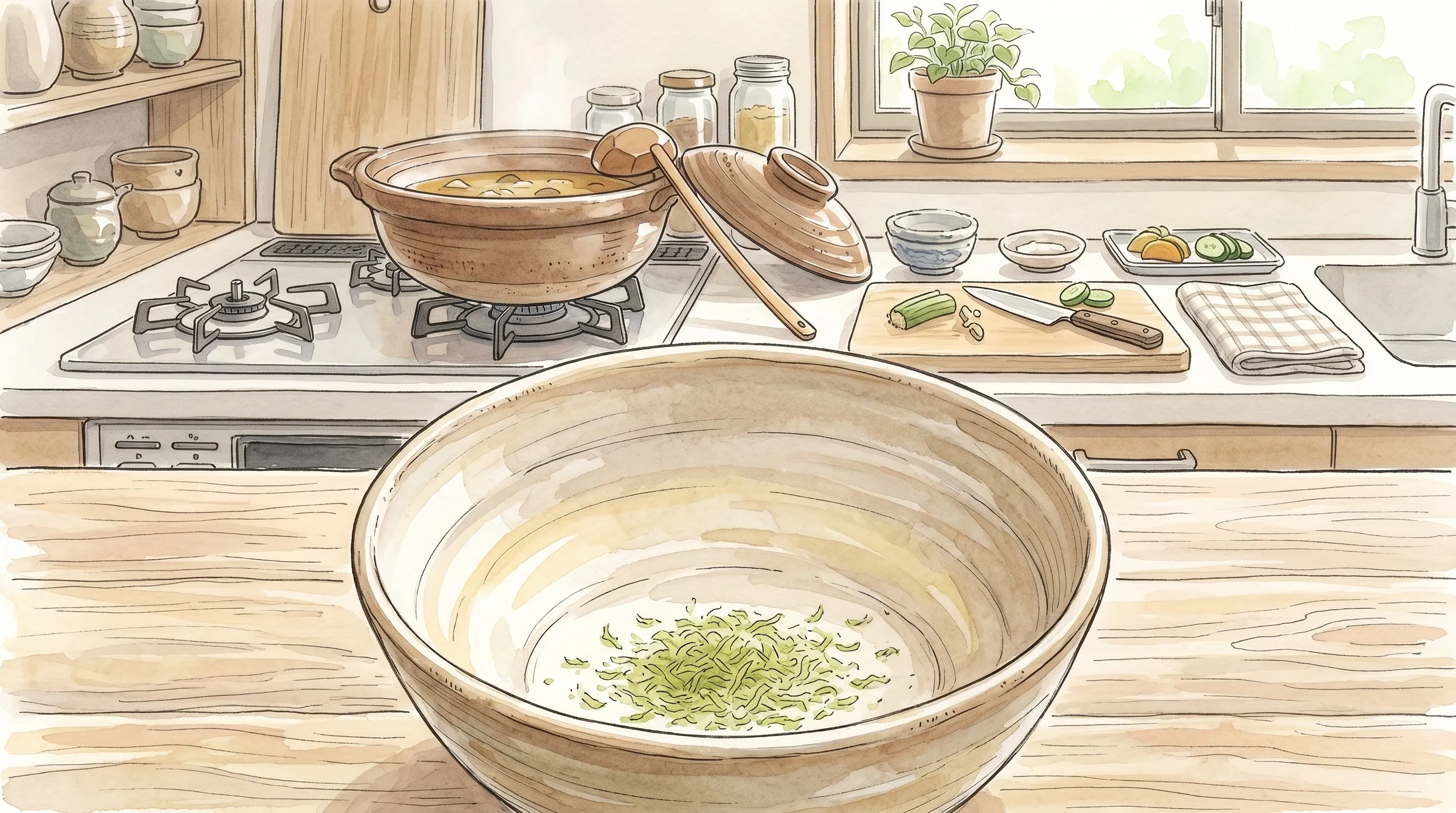 空のお椀に乾燥あおさを少量入れ、味噌汁を注ぐ準備をしている様子