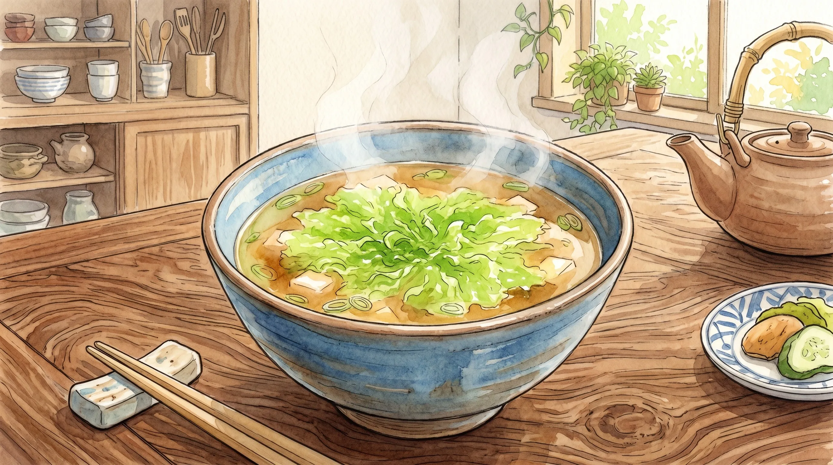 味噌汁を注いだお椀の中で乾燥あおさが鮮やかな緑に広がっている様子