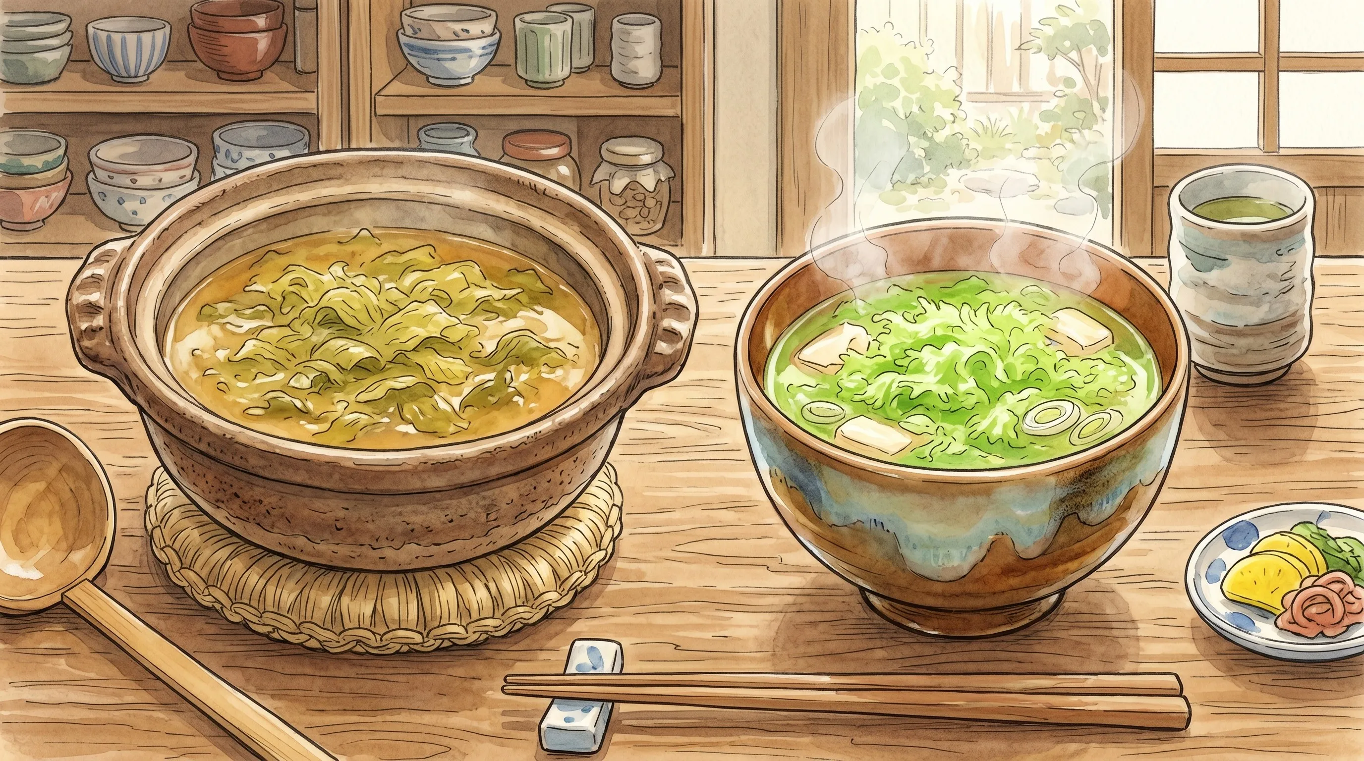 鍋で煮込んだあおさ味噌汁とお椀で合わせたあおさ味噌汁を並べて比較している様子