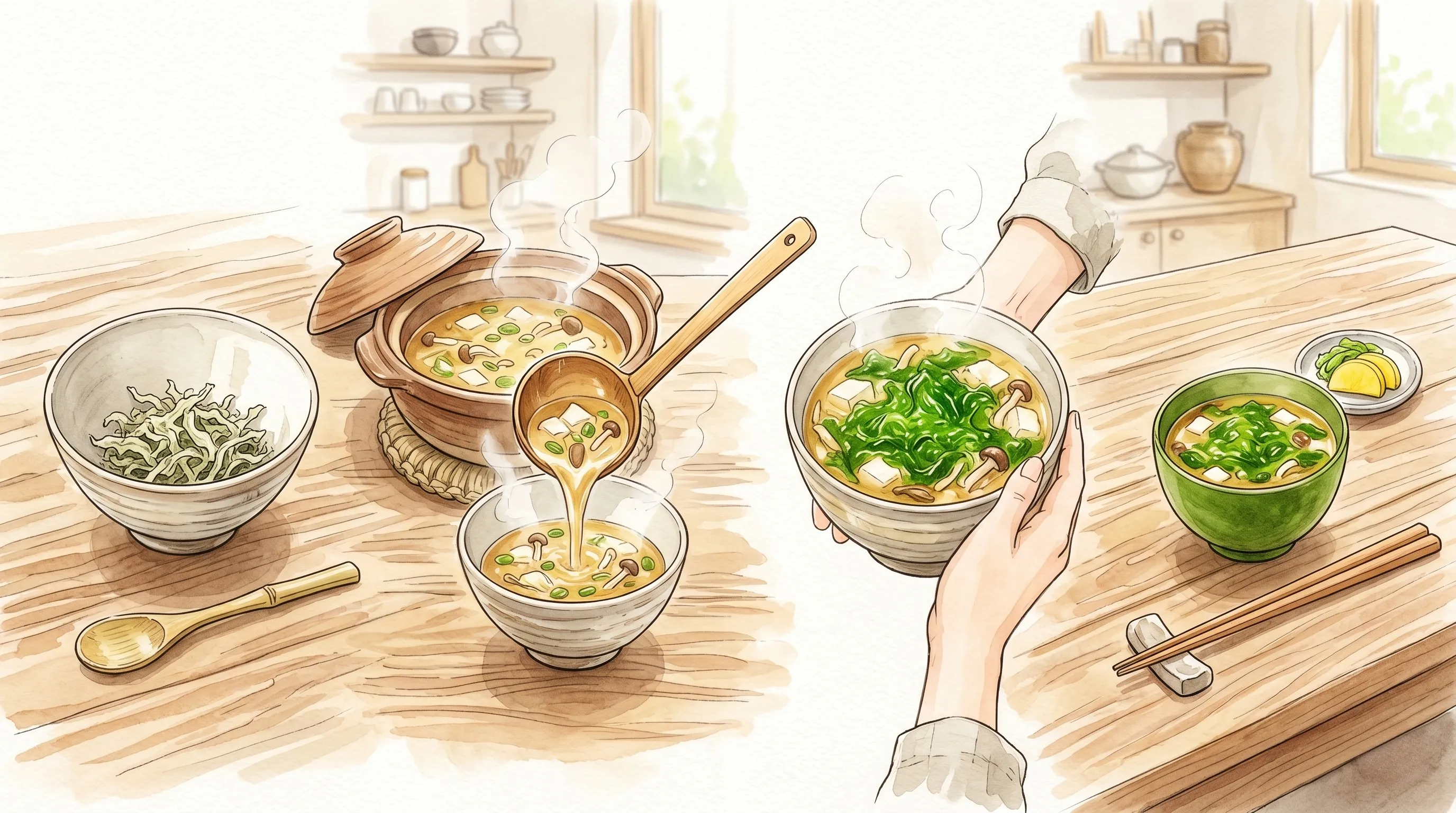 乾燥あおさをお椀に入れ、火を止めた味噌汁を注ぎ、緑色に戻ったら食卓へ運ぶ流れ