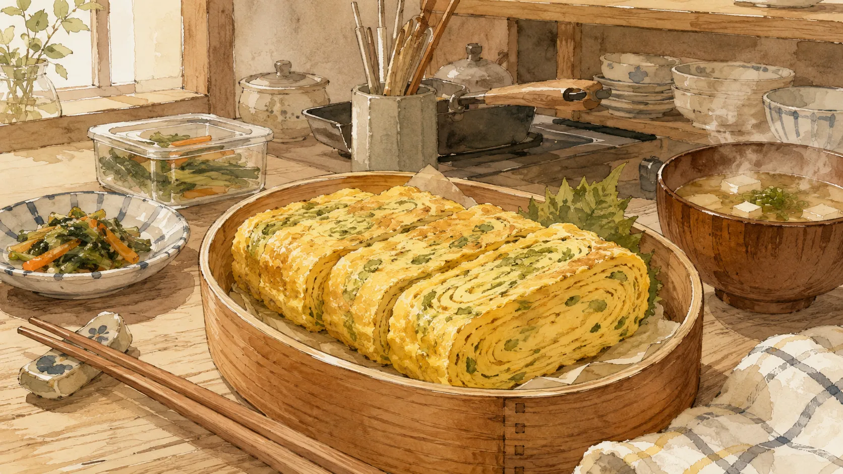 青のり入り卵焼きをお弁当箱に詰めた和風の食卓