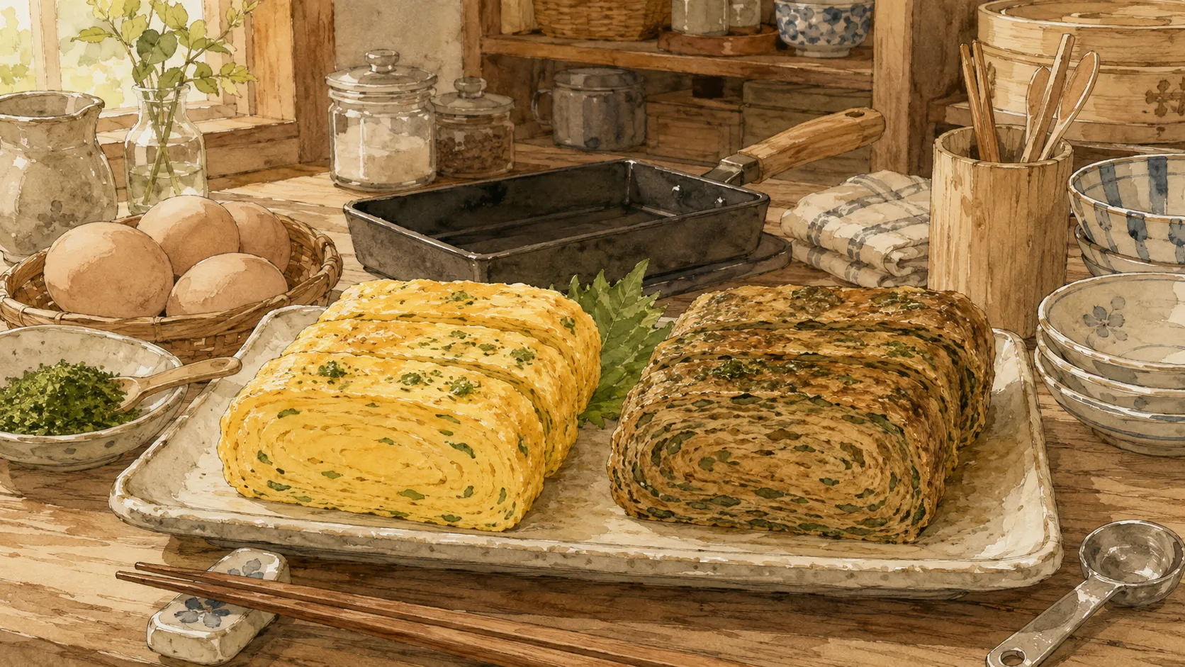 青のりの量と火加減によって卵焼きの切り口の色が変わる比較場面