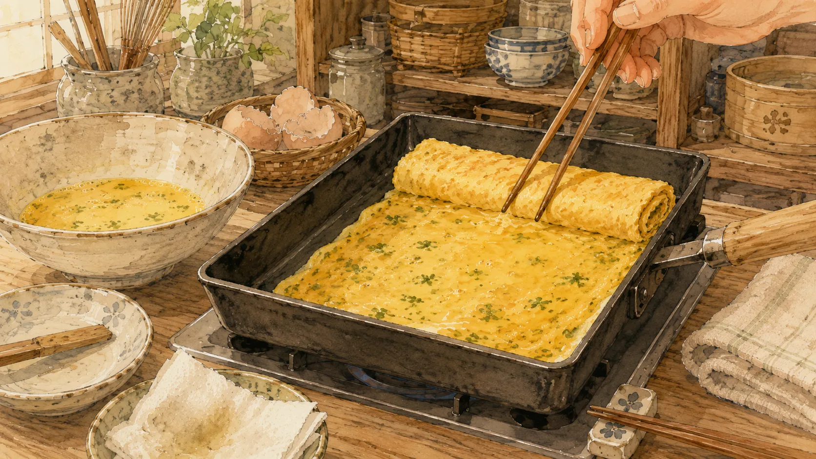 卵焼き器で青のり入り卵液を中火で巻いている調理場面