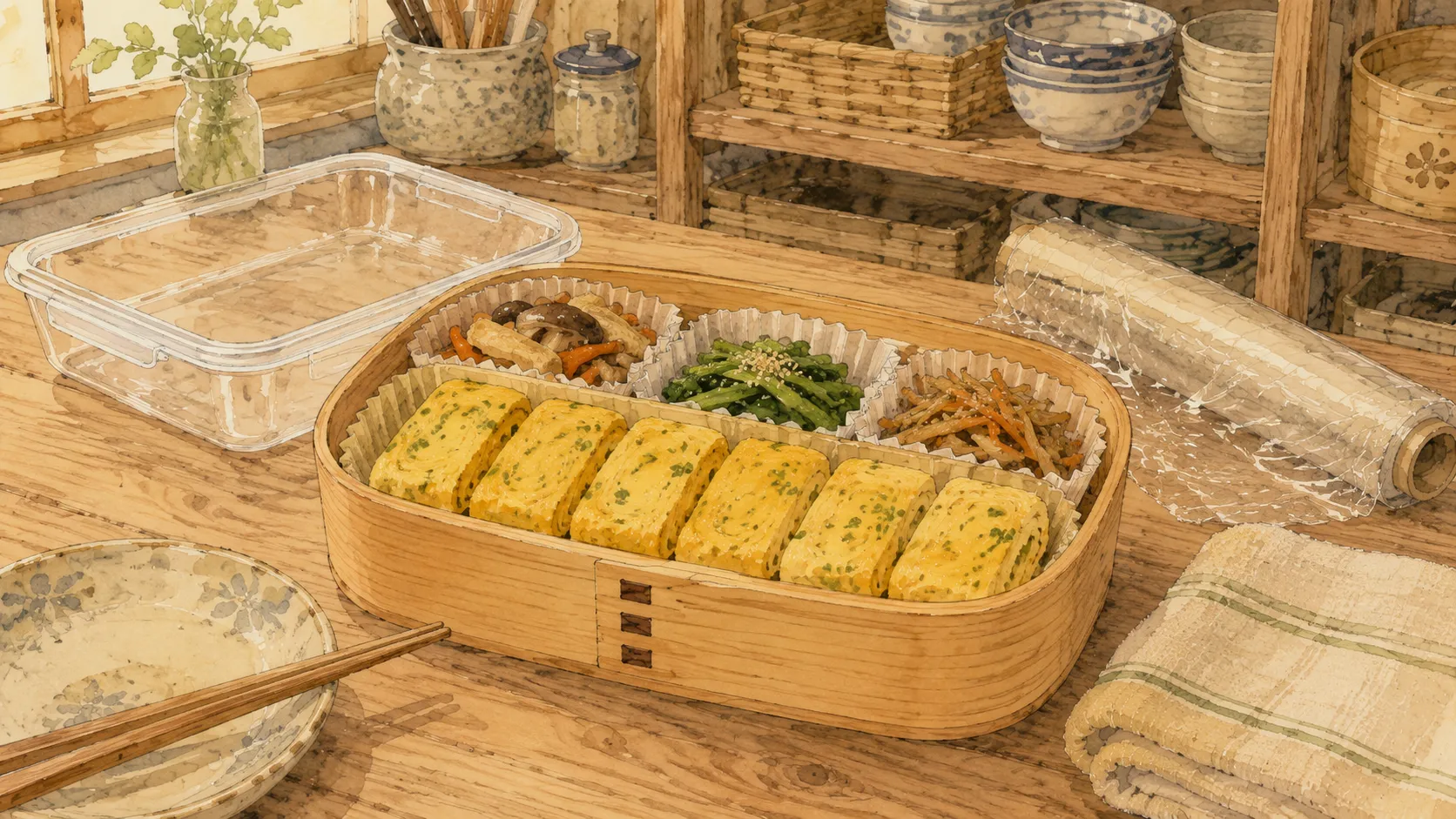青のり入り卵焼きを冷まして仕切りカップでお弁当に詰める場面