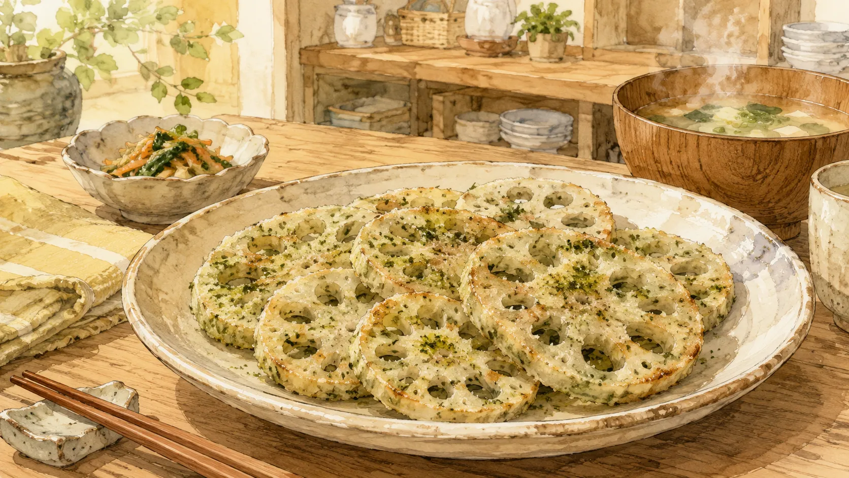 青のりと片栗粉をまぶして焼いたれんこんの完成イメージ