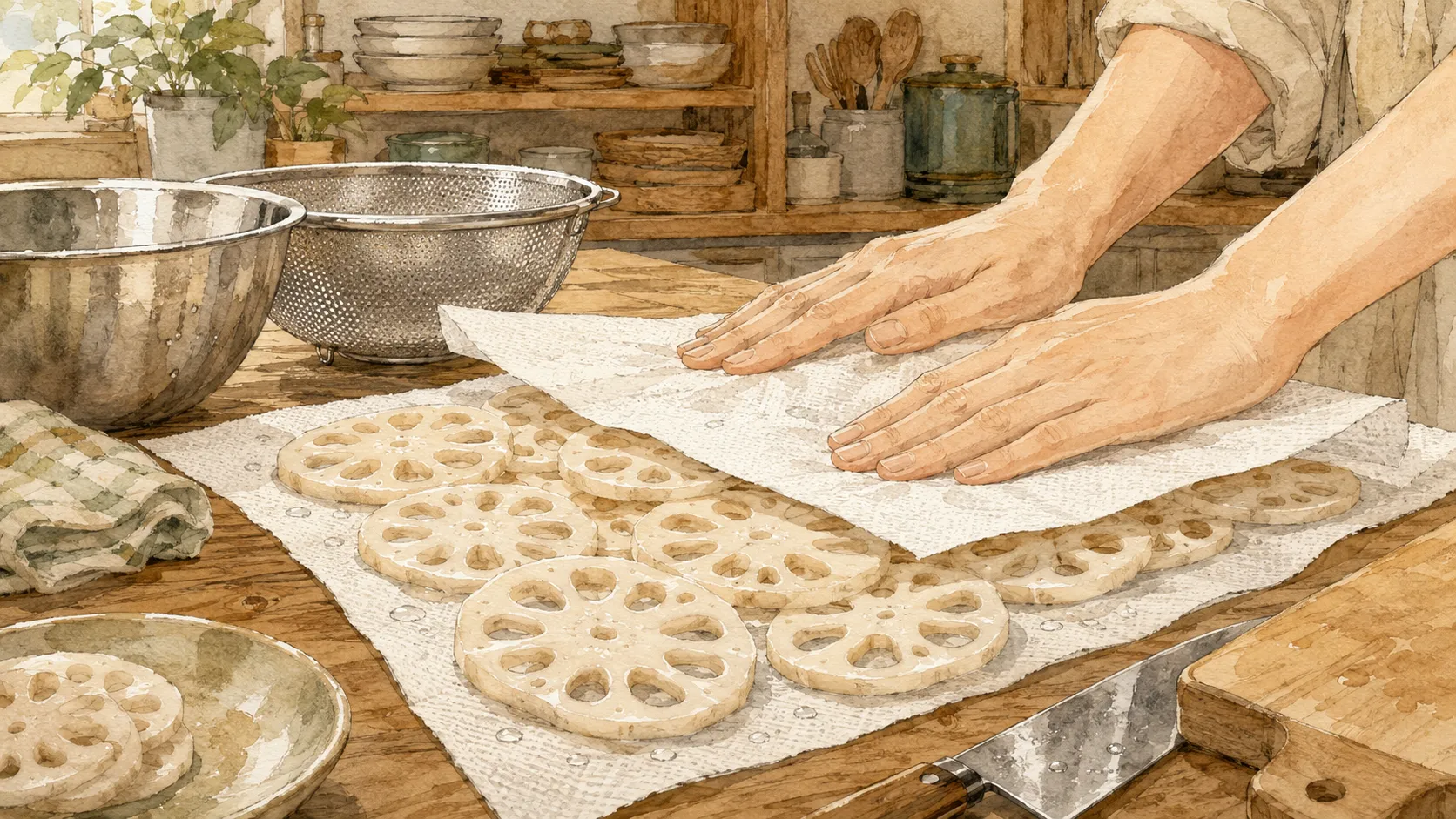 薄切りれんこんの水気をキッチンペーパーで軽く押さえる様子