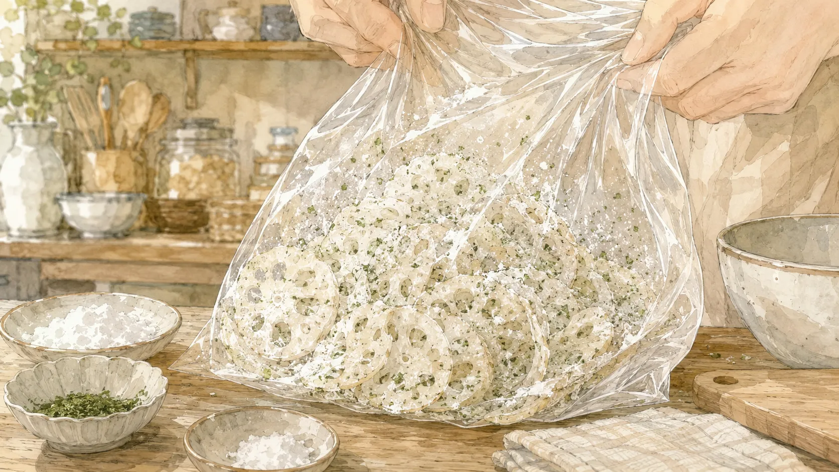 ポリ袋の中でれんこんに青のりと片栗粉を均等にまぶす様子