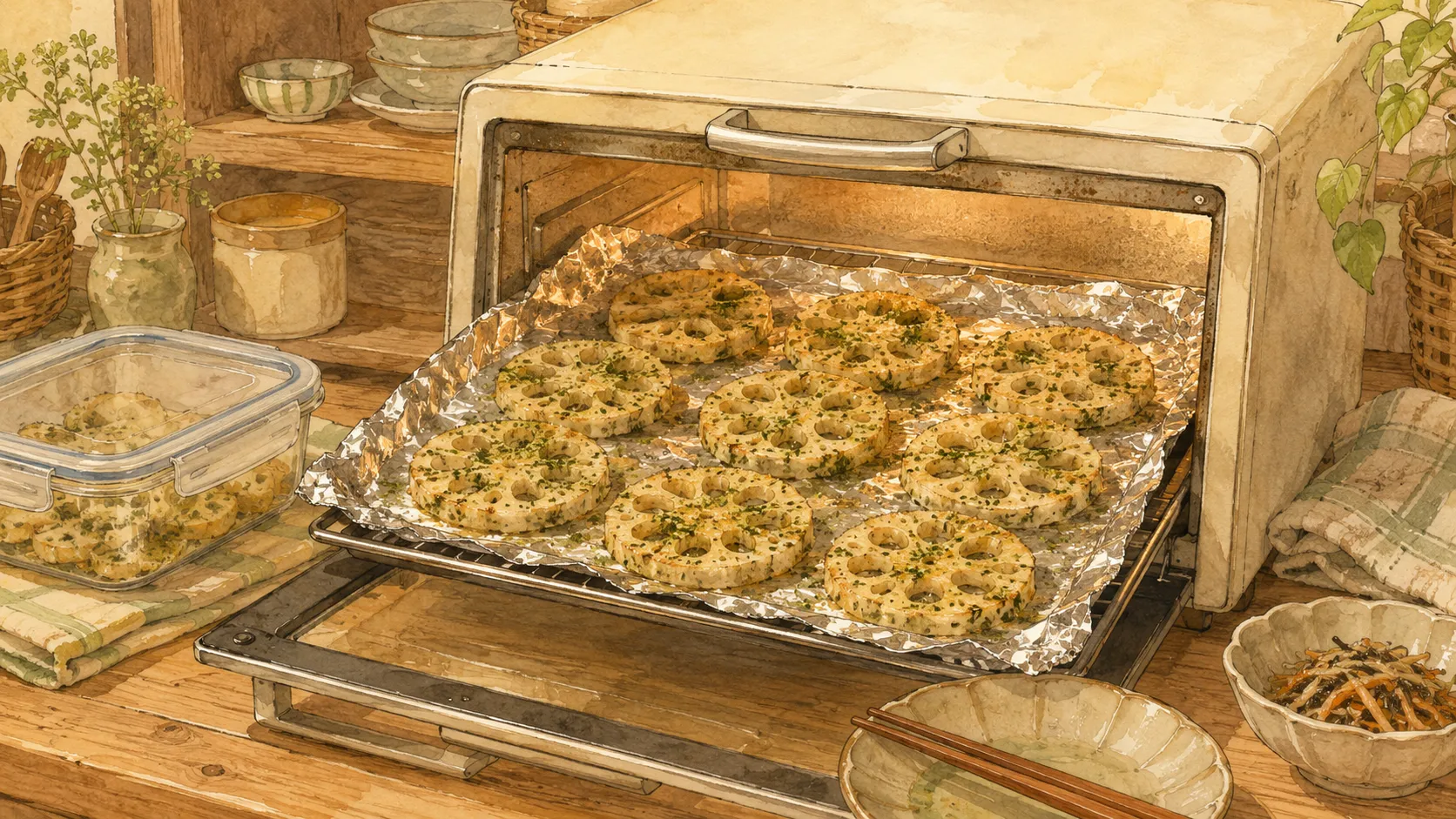 保存した青のりれんこん焼きをトースターで温め直す様子