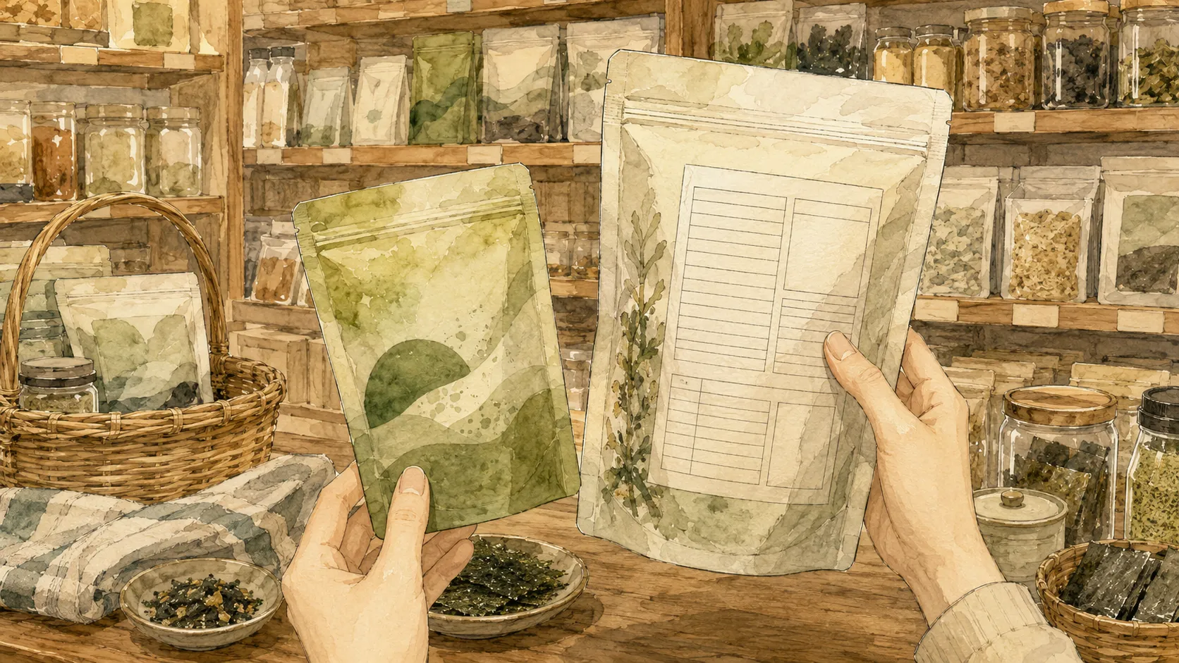 乾物売り場で青のりとあおさの商品を産地や内容量も含めて見比べている様子