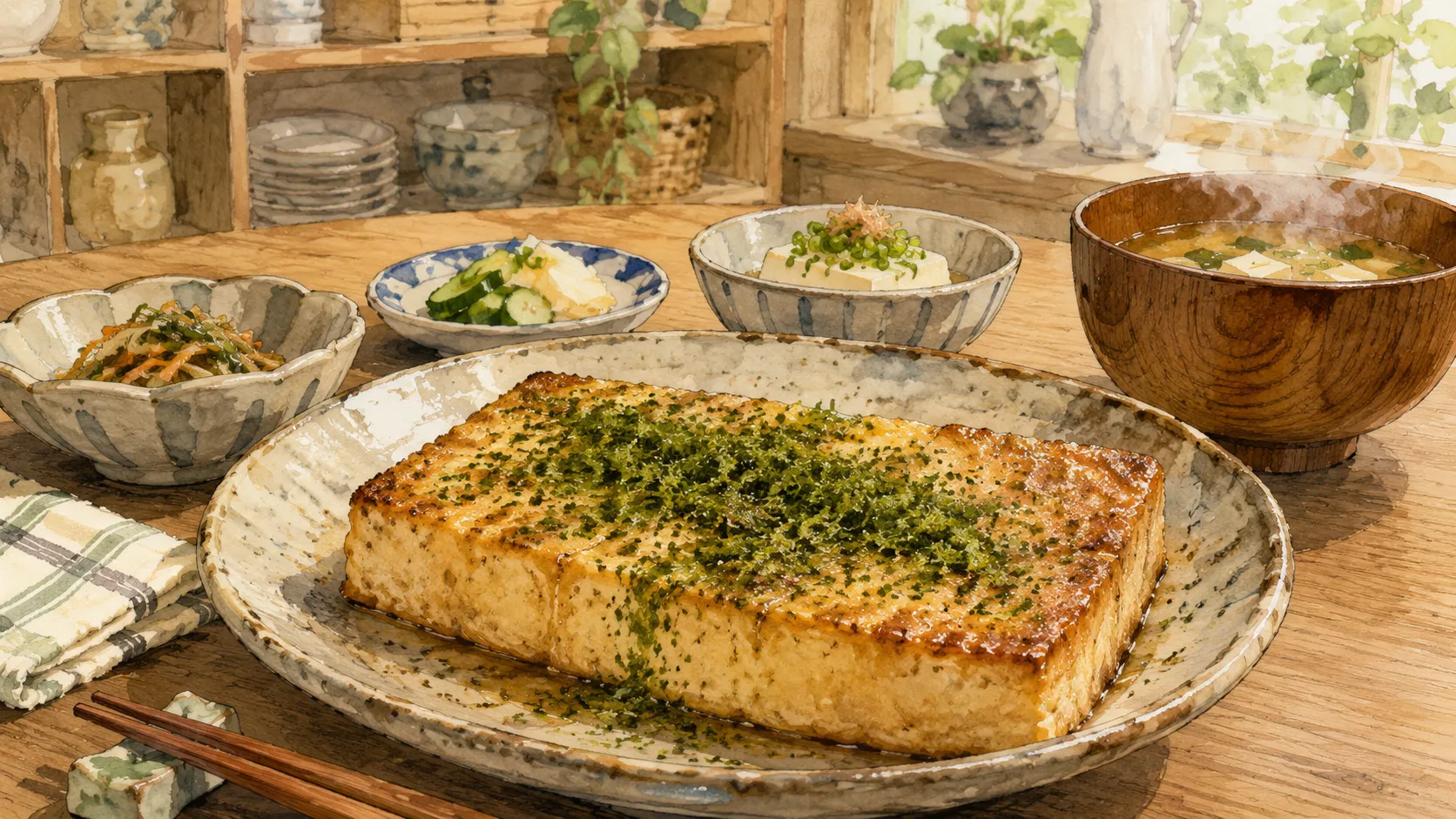 青のりをまとった豆腐ステーキを和皿に盛り付けた完成状態