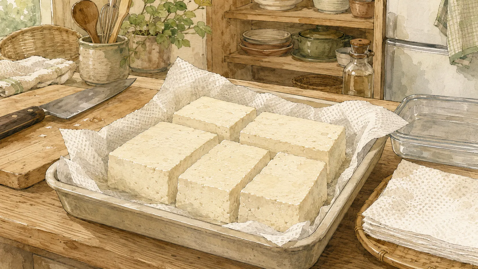 切った木綿豆腐をキッチンペーパーで包みバットに並べて水切りしている様子