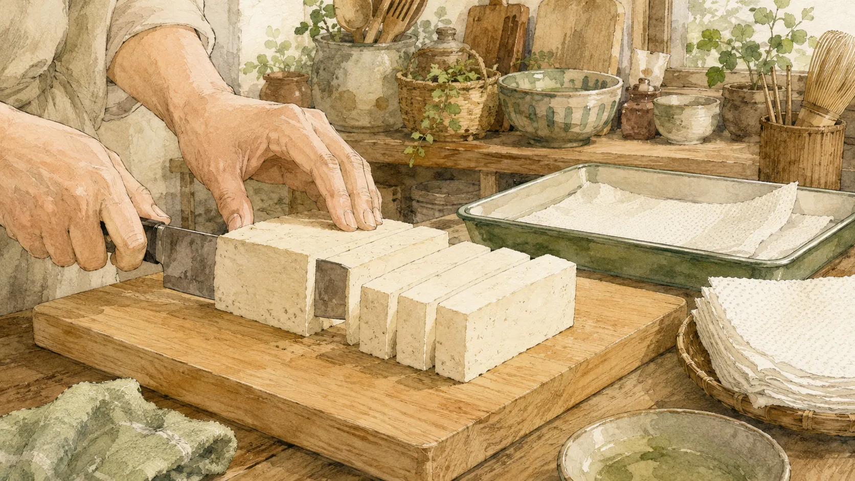 木綿豆腐をまな板の上で均一な厚みに切り分けている様子