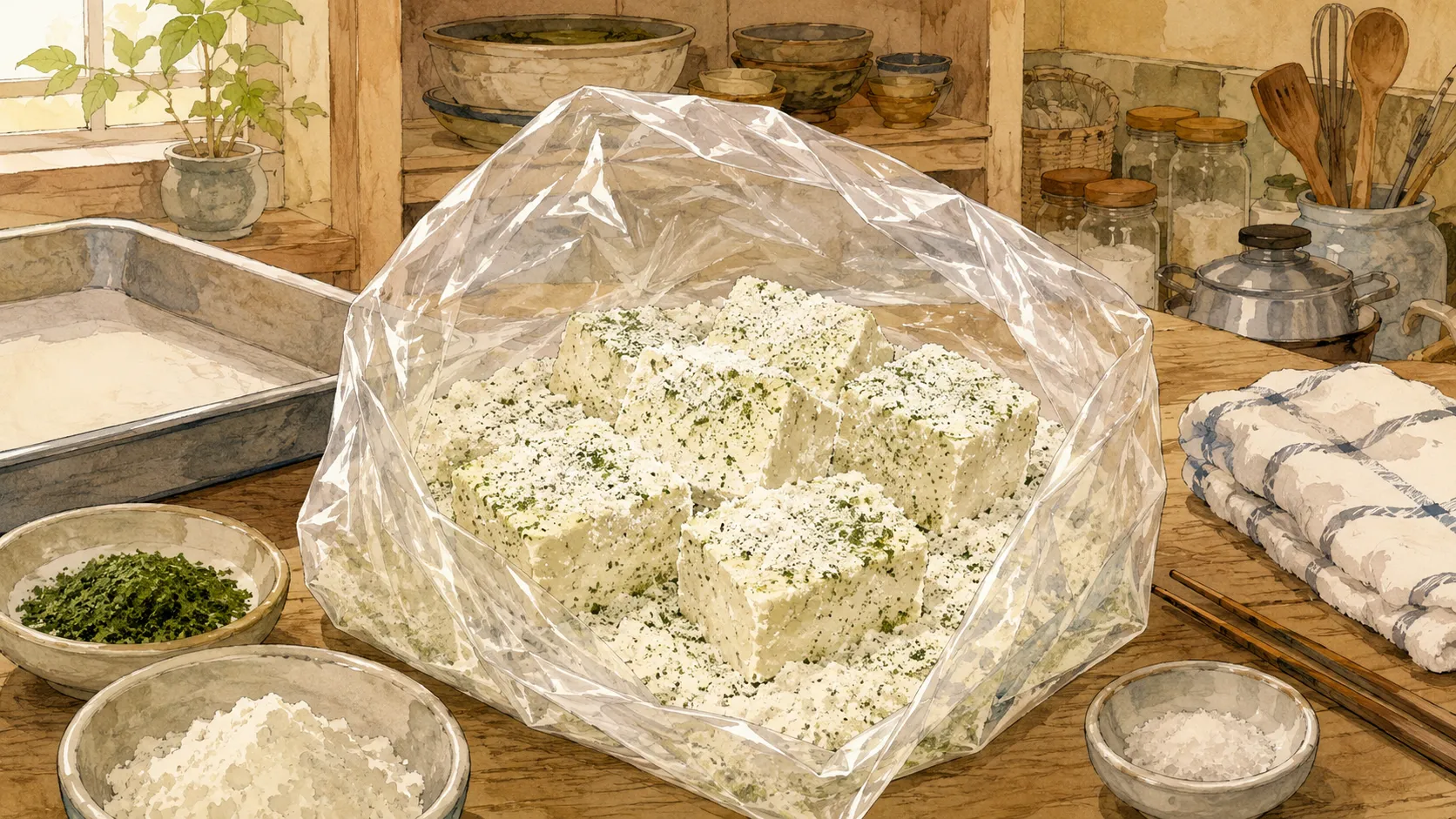 水切りした豆腐に青のりと薄力粉をまぶしている下準備