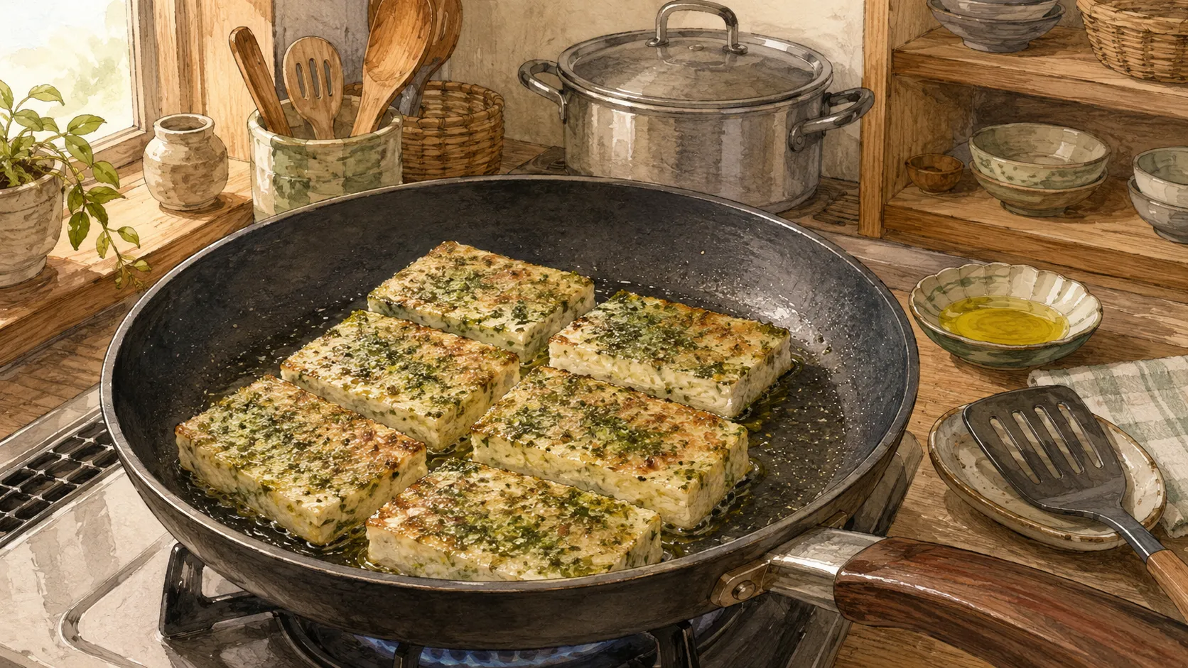 フッ素樹脂加工のフライパンで青のり豆腐ステーキを動かさず焼いている様子