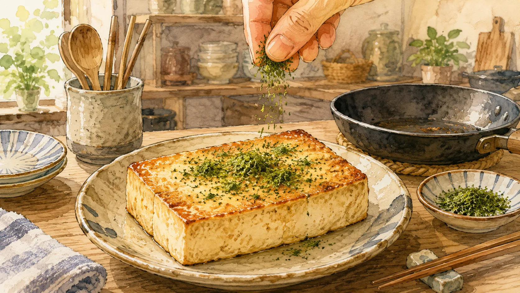 青のり原藻をほぐして豆腐ステーキに仕上げとしてまぶしている様子