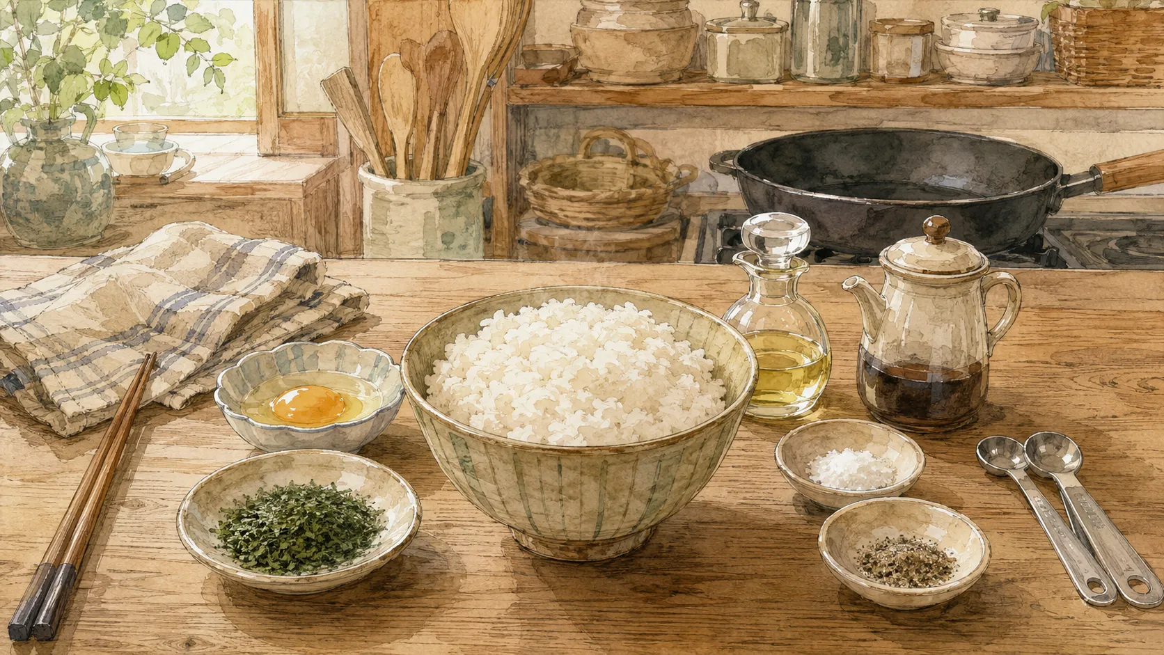 ご飯、卵、青のり、調味料を食卓に並べた青のりチャーハンの材料