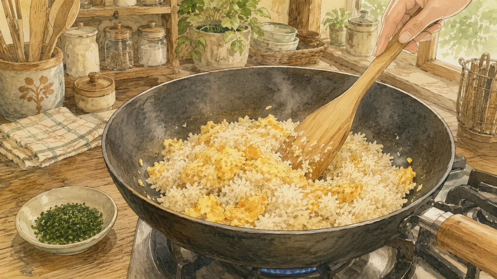 青のりを入れる前にフライパンで卵とご飯を炒めている様子