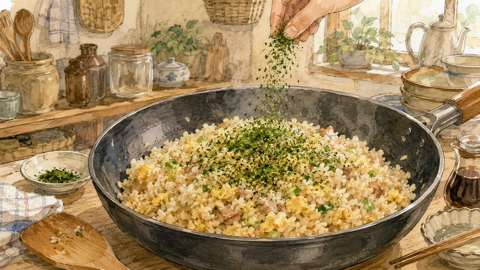 火を止めたフライパンに青のりを振り入れている仕上げの様子