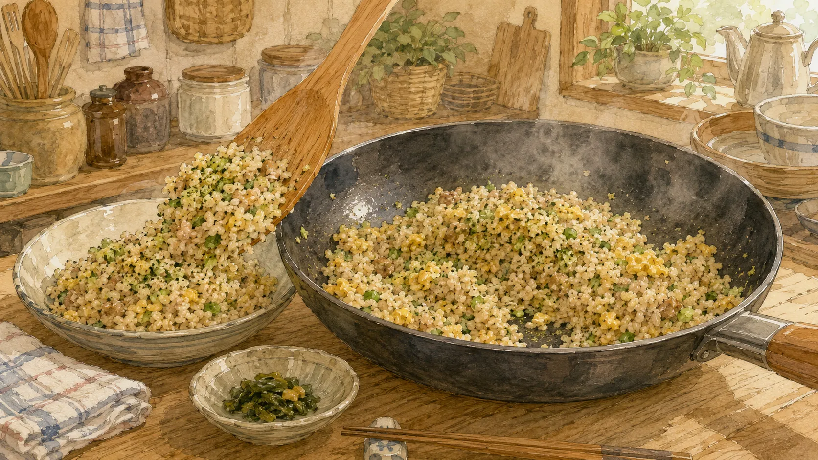 青のりを余熱で混ぜたチャーハンをすぐに器へ盛り付けている様子