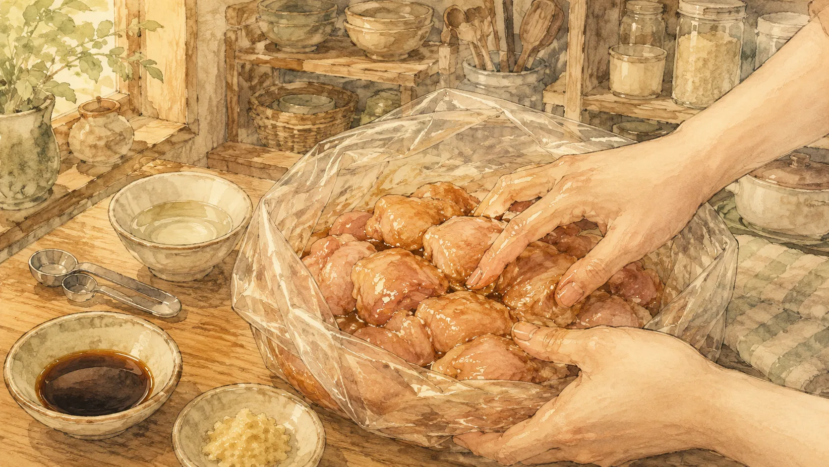 鶏肉にしょうゆ、酒、にんにくの下味をもみ込んでいる様子