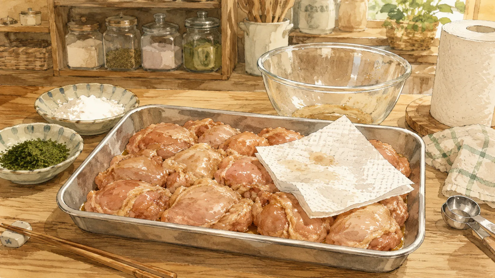 下味をつけた鶏肉の余分な水分をキッチンペーパーで軽く押さえている様子