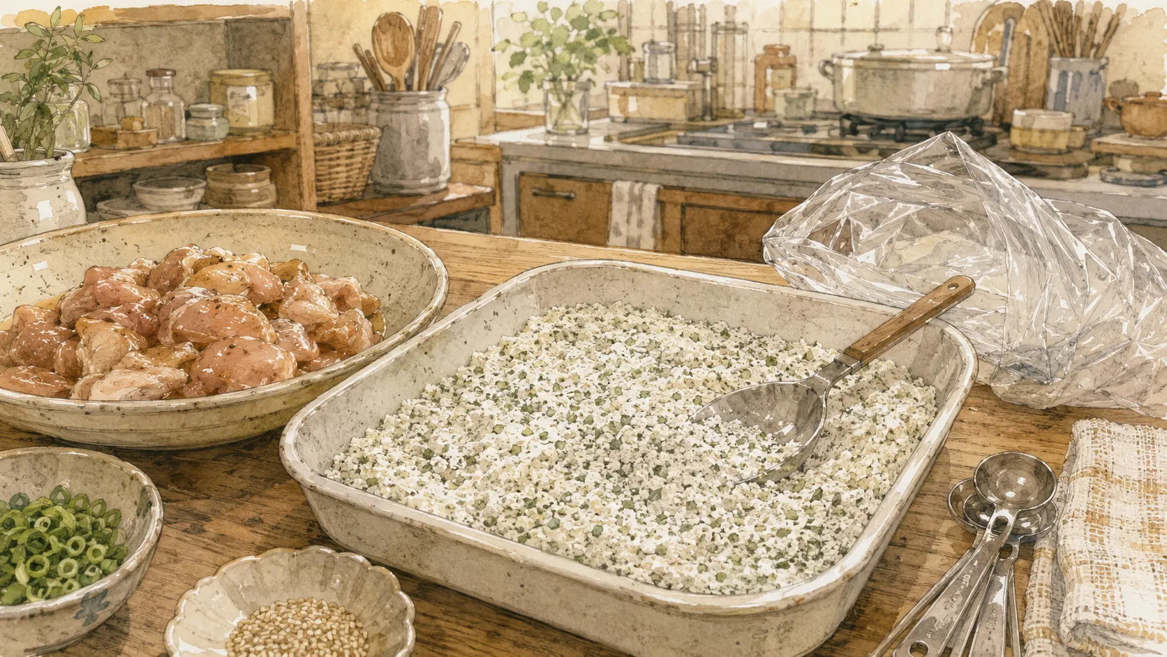 バットの中で片栗粉と青のりを先に混ぜている様子
