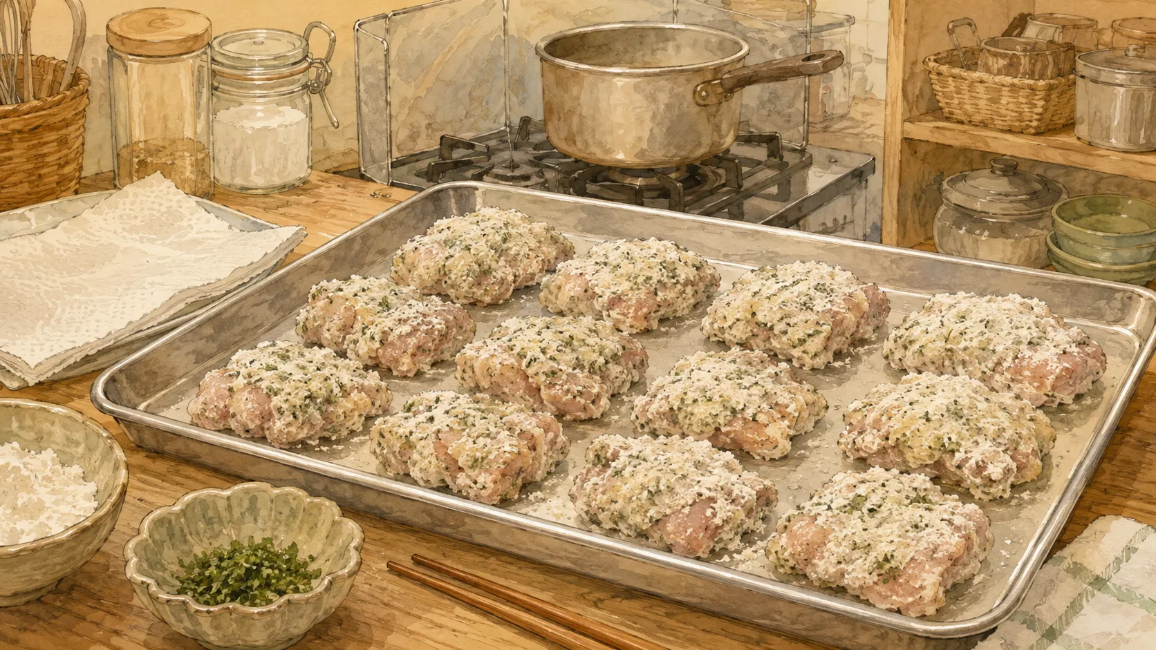 青のり入りの片栗粉をまぶした鶏肉をバットに並べてなじませている様子