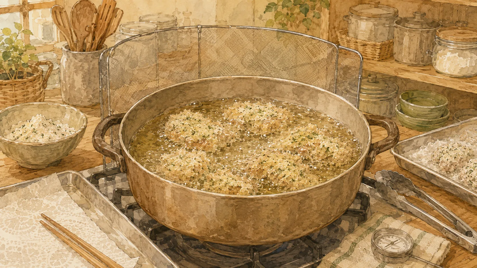 青のりから揚げを油に入れた直後に触らず衣を固めている様子