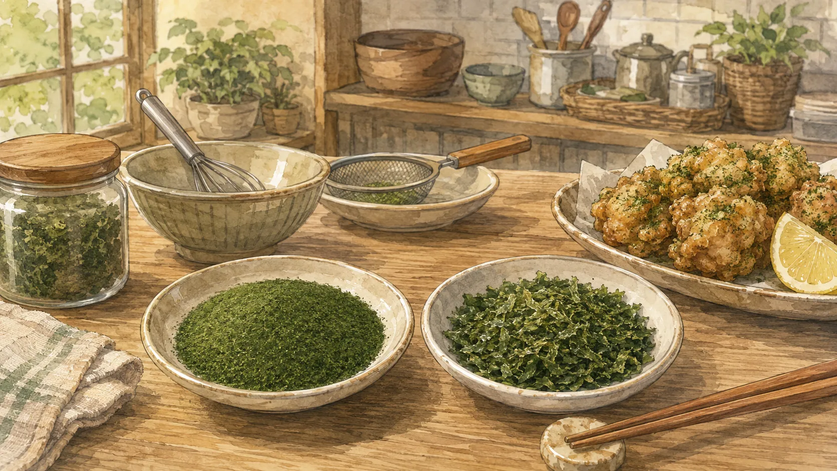 粉末状の青のりと原藻タイプの青のりを小皿に分けて比較している様子