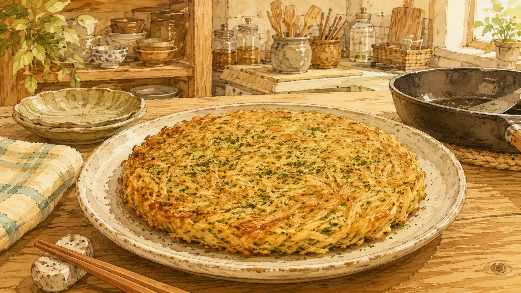 青のりを混ぜたじゃがいもガレットが丸く焼き上がり皿に盛られている様子