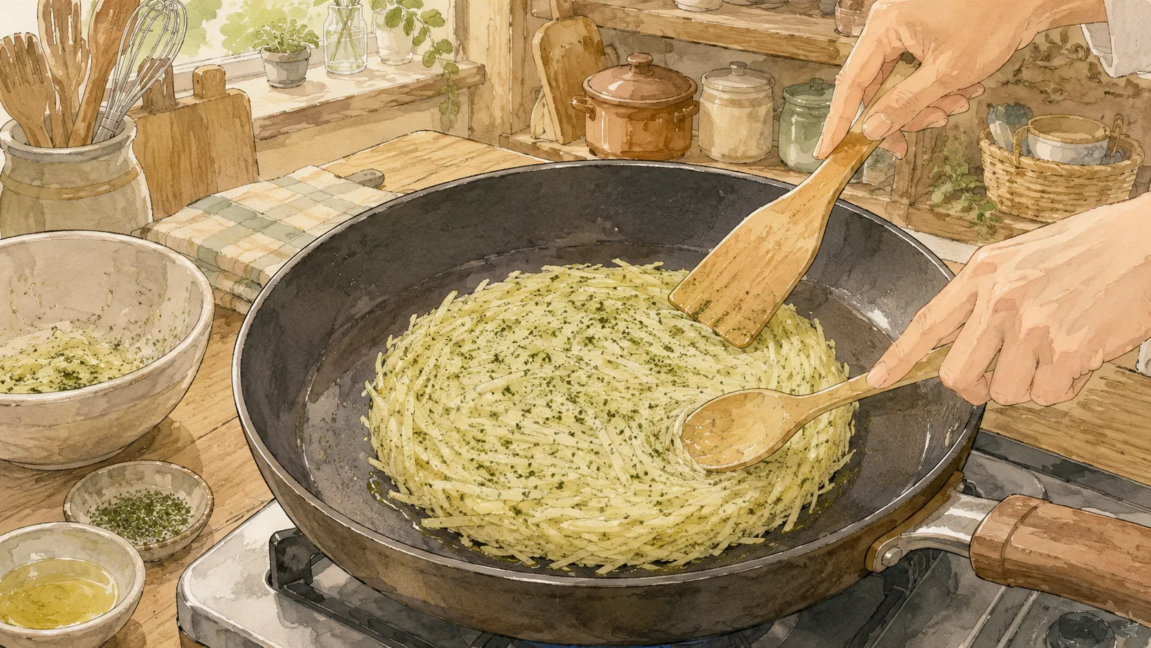 青のりを混ぜた細切りじゃがいもをフライパンに広げて密着させている様子