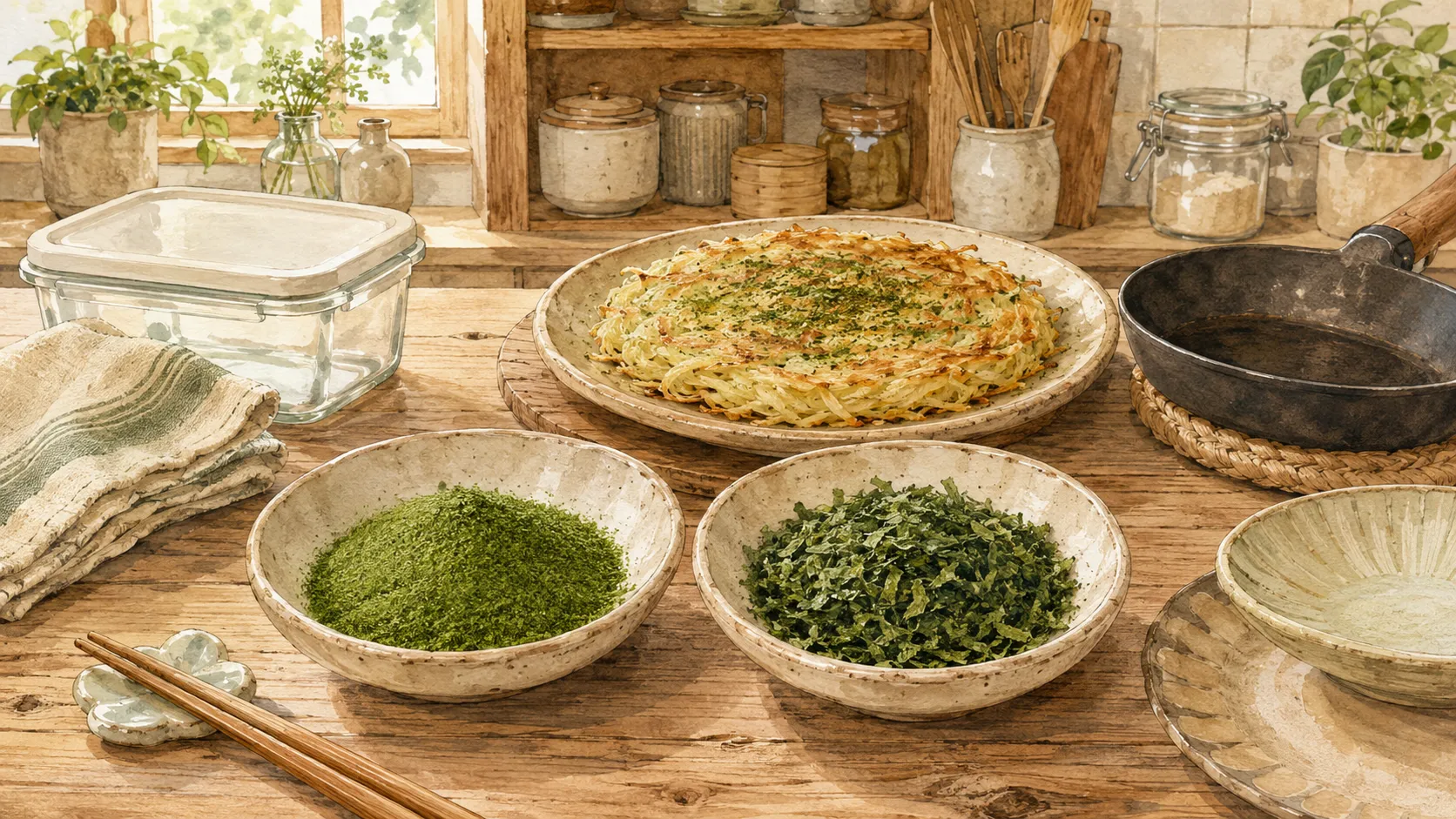 粉末状の青のりと原藻タイプの青のりを小皿に分けて比較している様子
