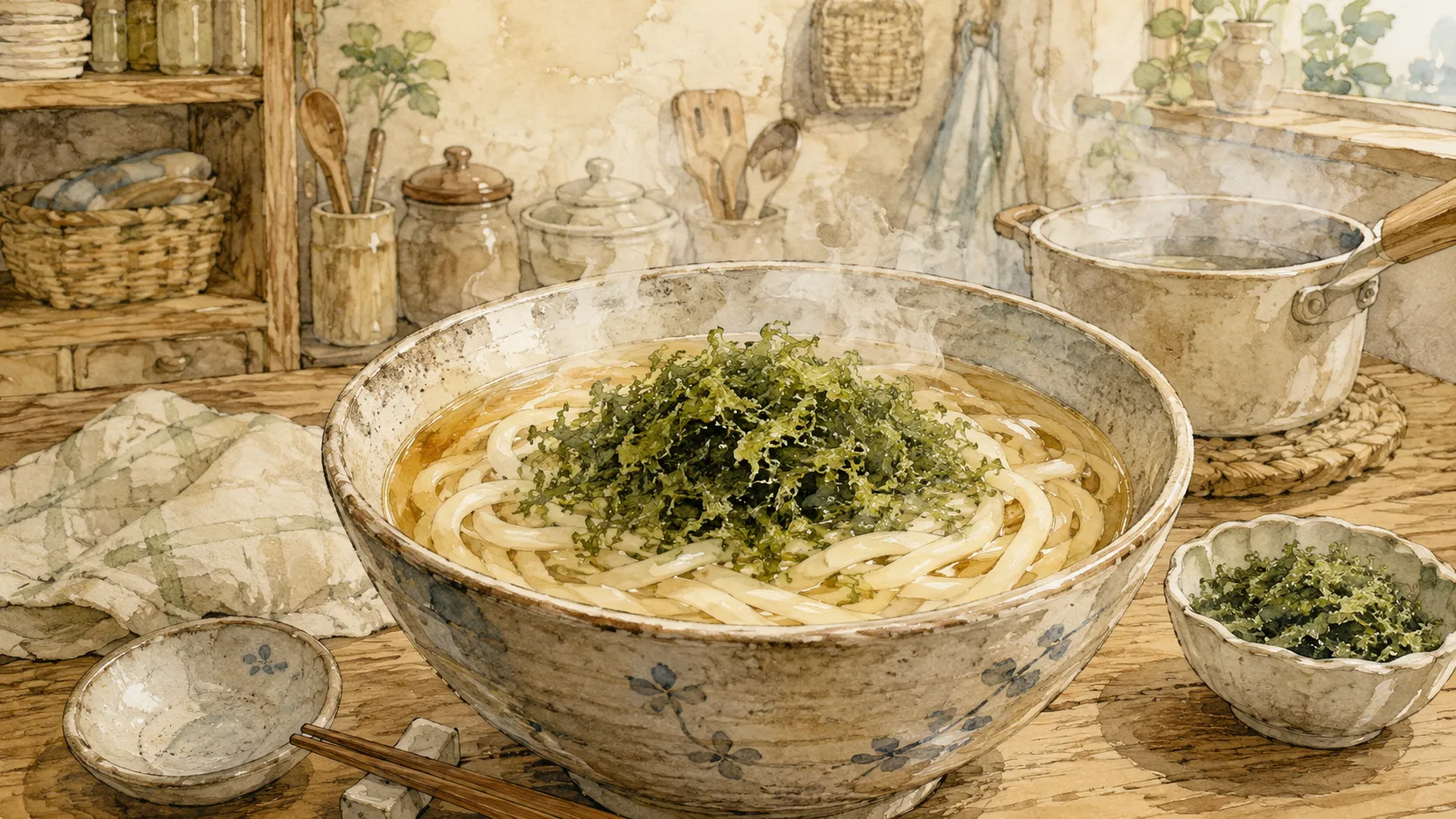 湯気の立つうどんに乾燥あおさをふんわりのせた食卓の様子