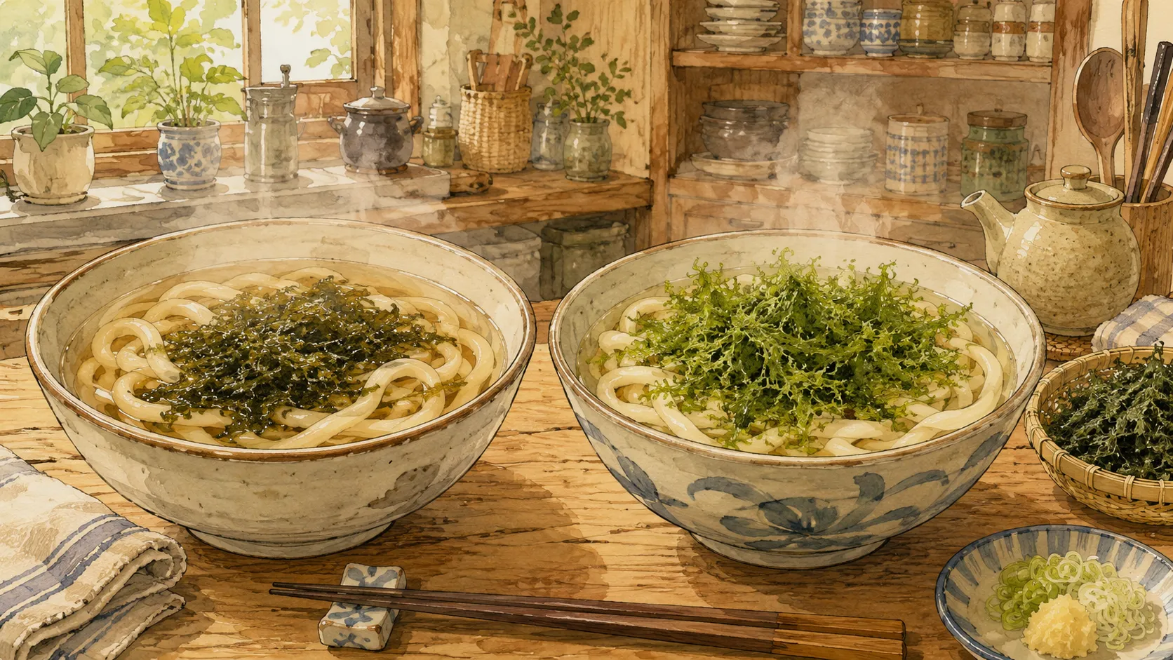 熱いつゆに沈んだあおさと食べる直前にふんわりのせたあおさうどんの比較