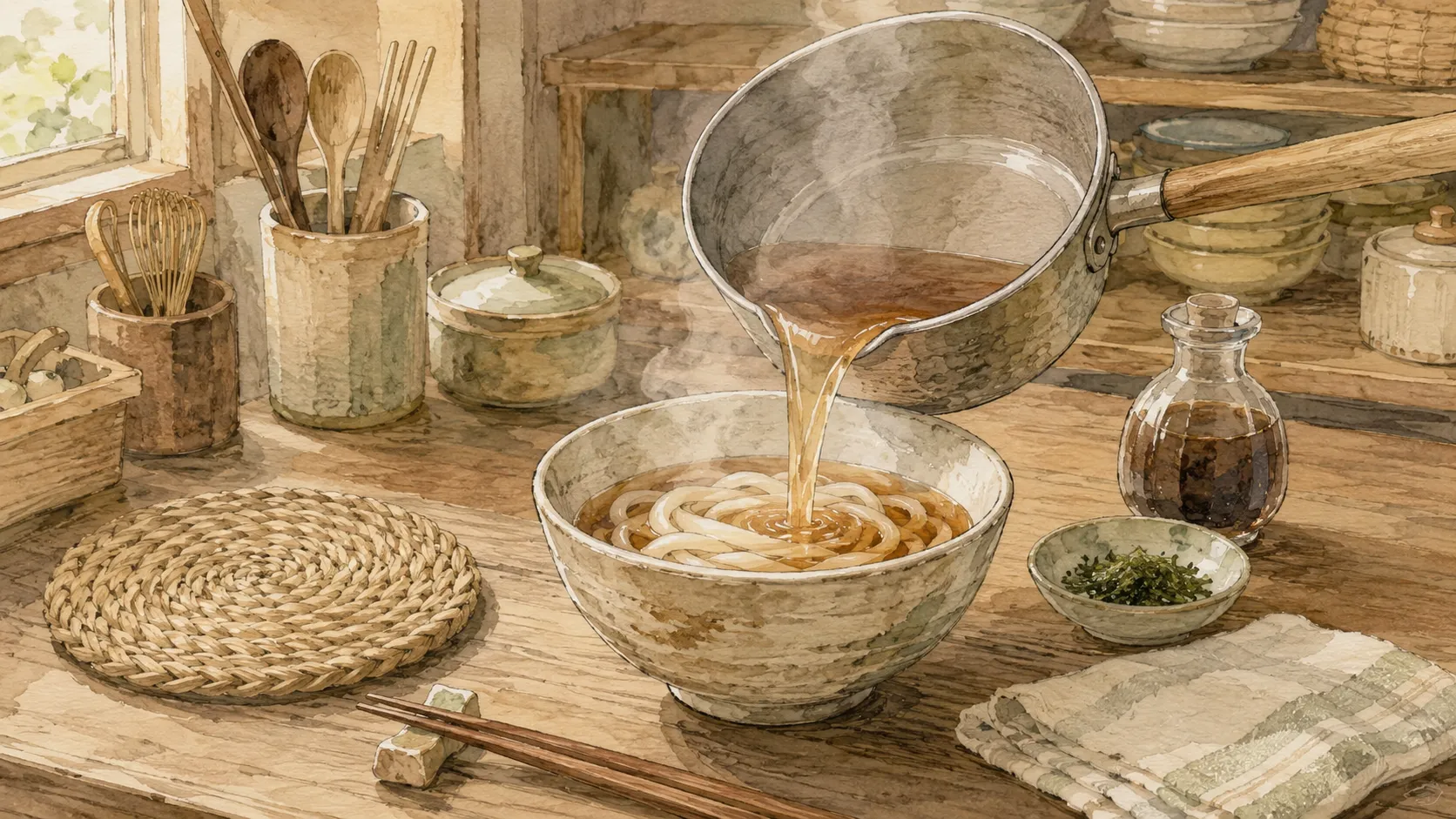 沸騰の泡が落ち着いたつゆをうどんの器にゆっくり注ぐ様子