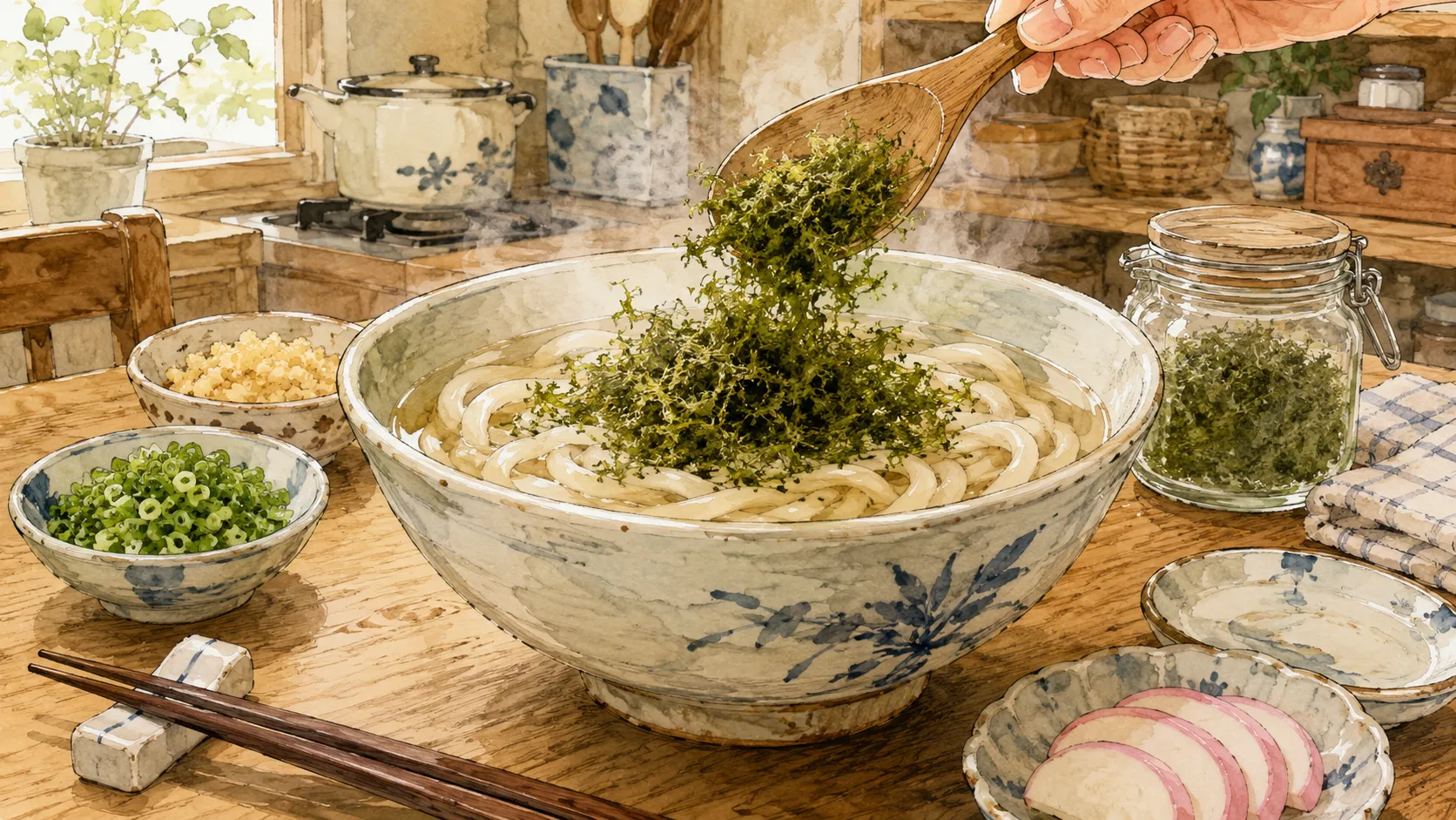 うどんの上に乾燥あおさを食べる直前にふんわりのせる手元