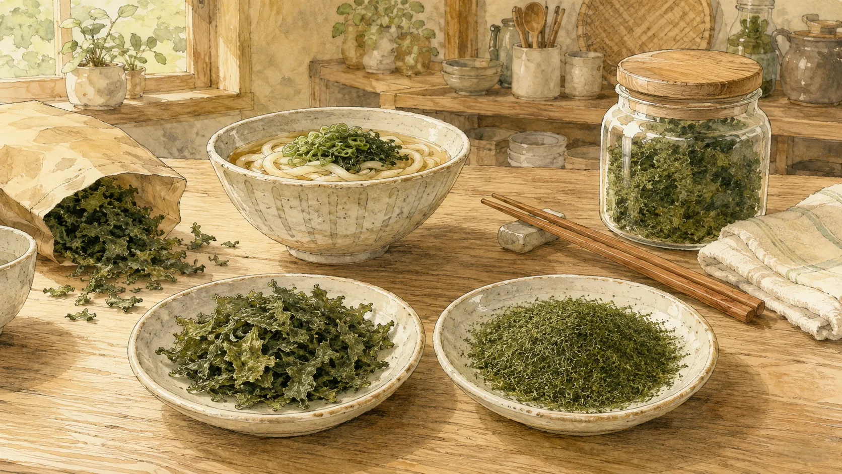 葉片タイプと粉末タイプの乾燥あおさを小皿に分けて並べた様子