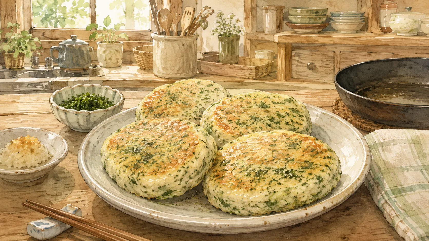 青のりを混ぜたはんぺん焼きが皿に盛られた食卓の様子