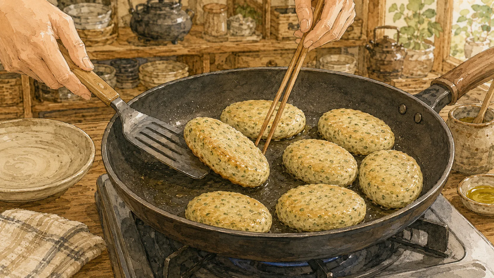 焼き色がついた青のりはんぺん焼きをヘラで一気に返している様子
