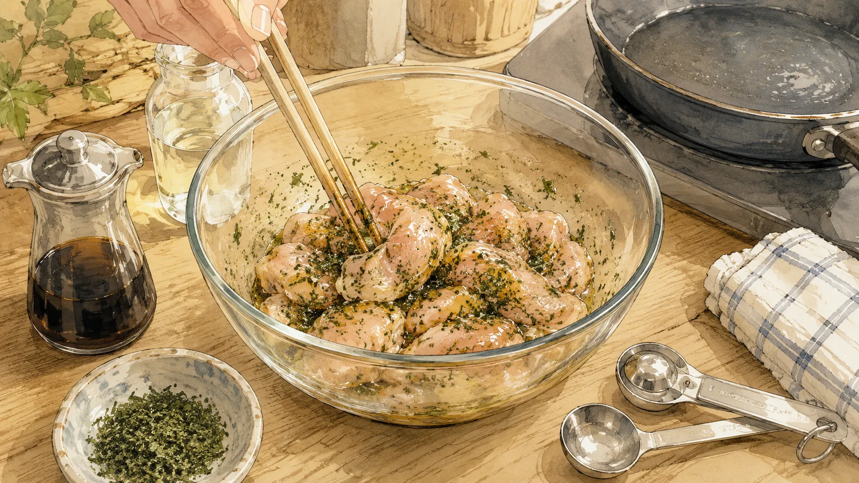 切ったささみにしょうゆ酒青のりの下味をなじませている様子
